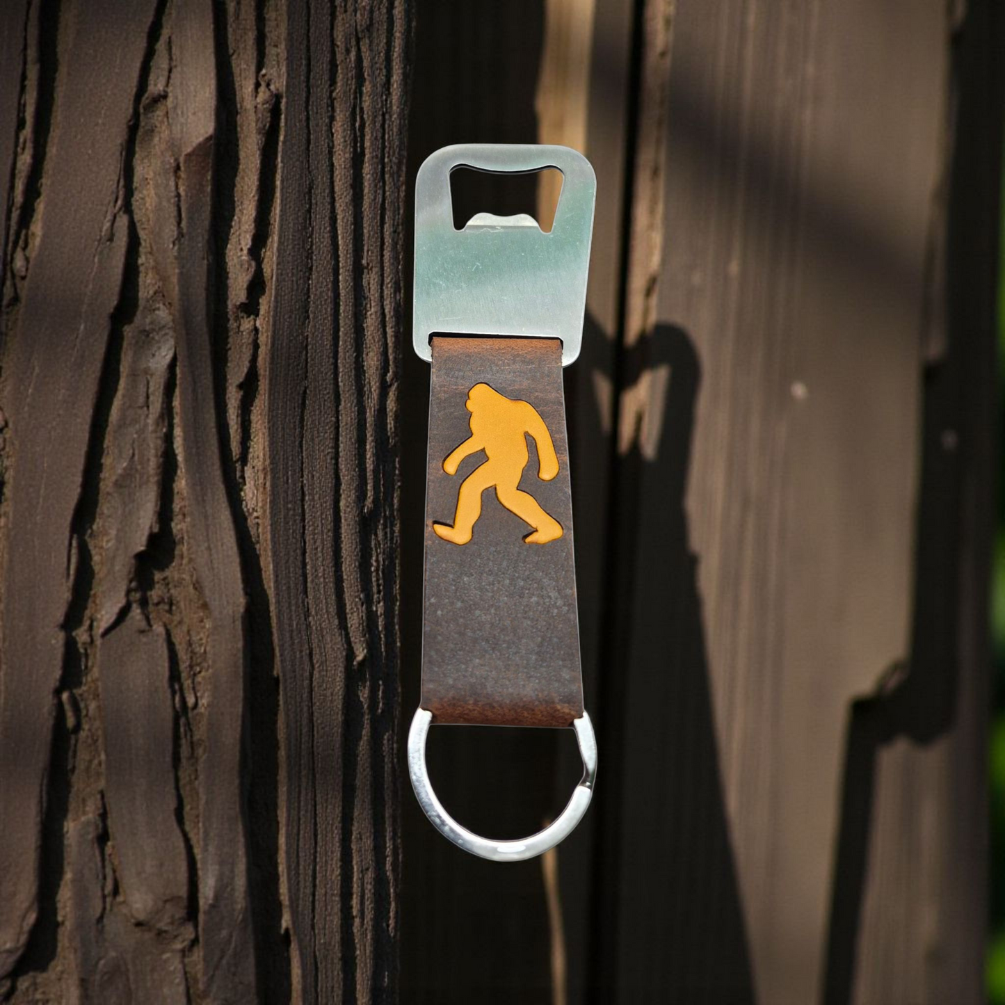Bigfoot Leather Bottle Opener Keychain – Handcrafted PNW Adventure Gear