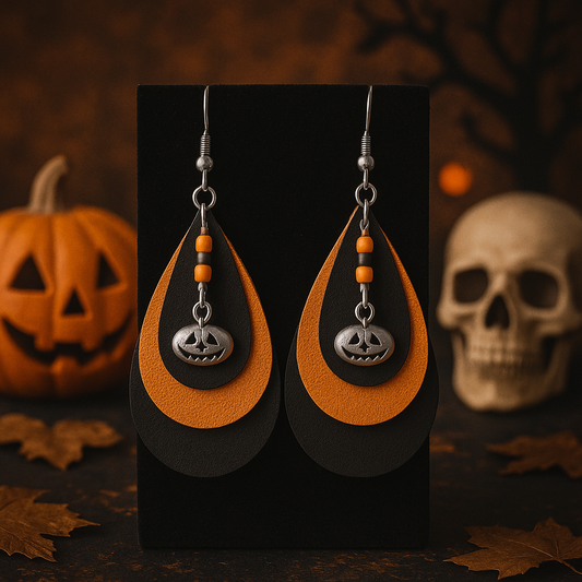 Pumpkin Charm Leather Earrings – Spooky Season Collection