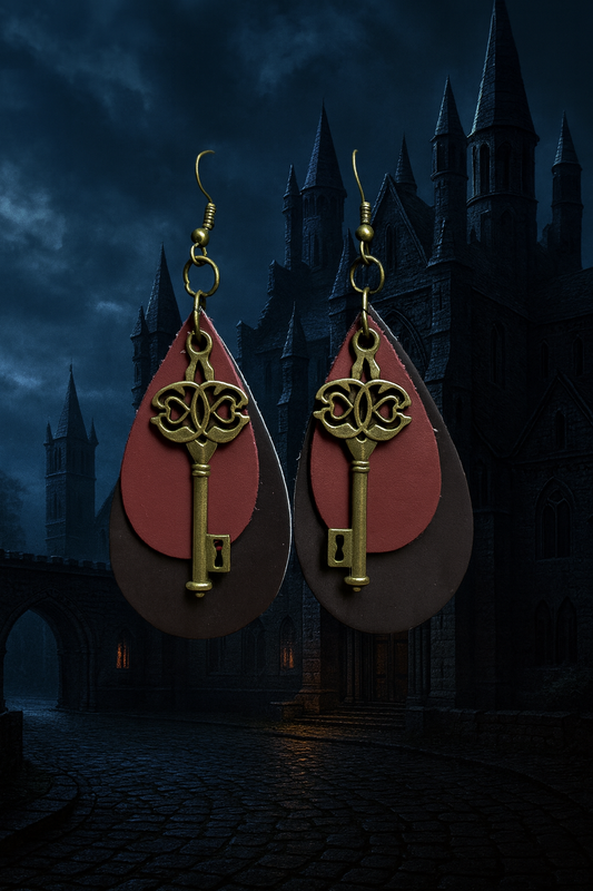 Gothic Key Leather Earrings – Dark Romance Collection